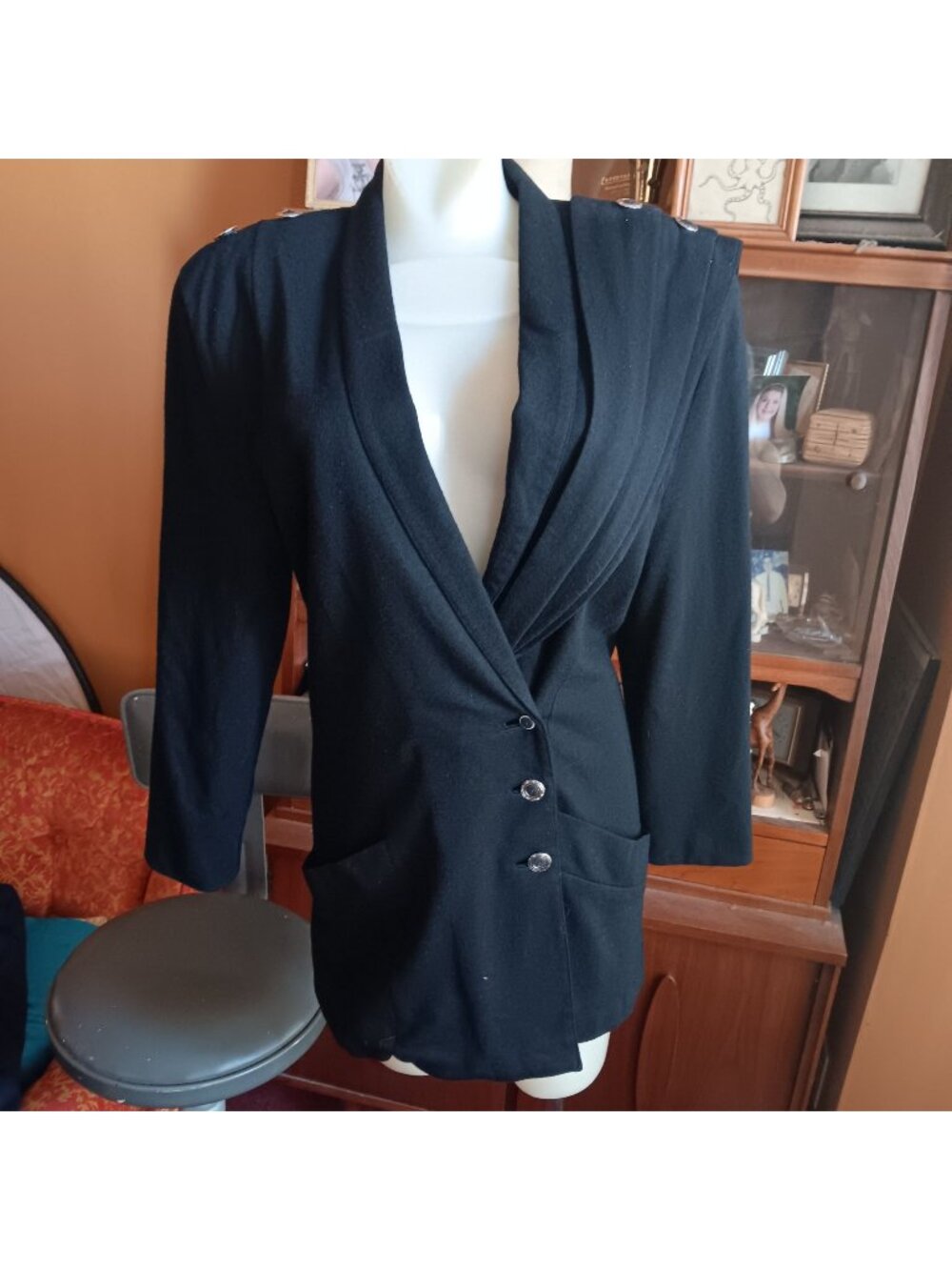 Vintage Char Black Wool Blazer Jacket Sz 10 Shoulder Drape Buttons Made In USA
